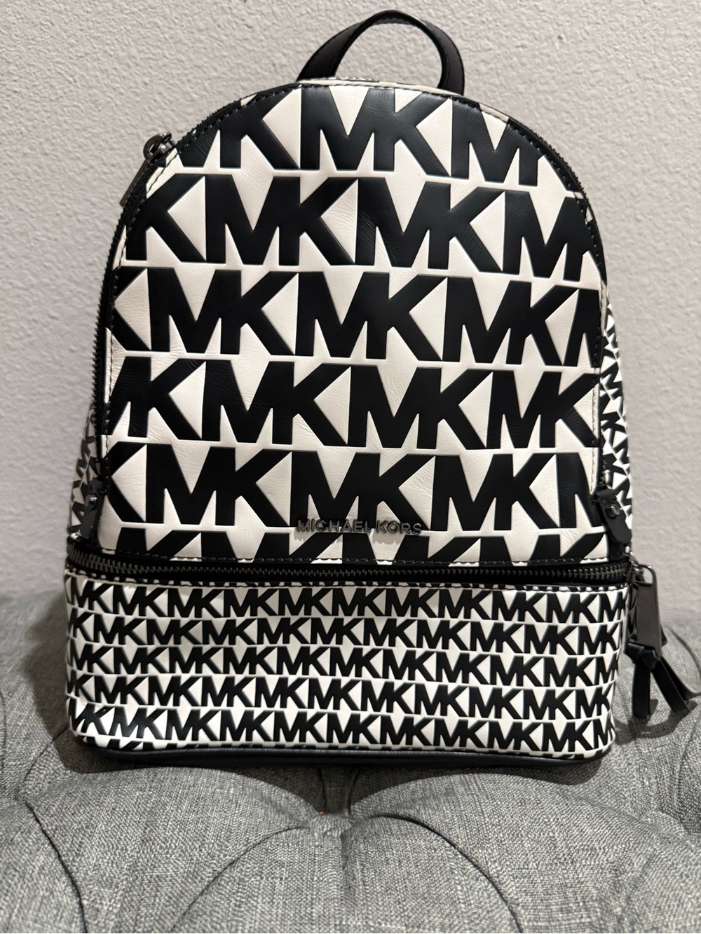 Michael Kors Black & White Allover MK Logo Backpack